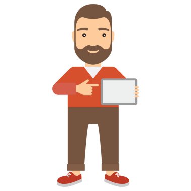 bir tablet tutan adam.