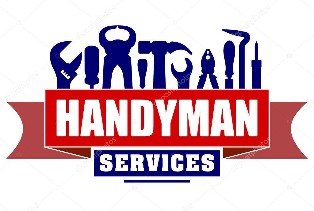 Handyman services vector design for your logo or emblem with red banner and set of workers tools. There are wrench, screwdriver, hammer, pliers, soldering iron, scrap.