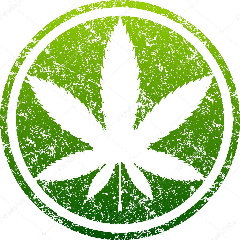Cannabis or marijuana green leaf grunge design inscribed in a circle, template for vector rubber stamp.