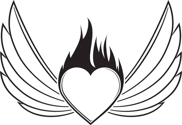 Vleugels met hart en brandende vlam. — Stockvector