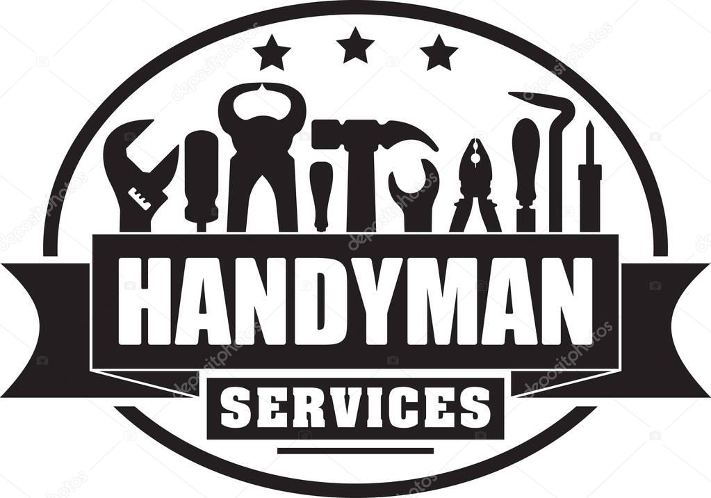 Handyman services vector solid gubber stamp for your logo or emblem with banner and set of workers tools. There are wrench, screwdriver, hammer, pliers, soldering iron, scrap.