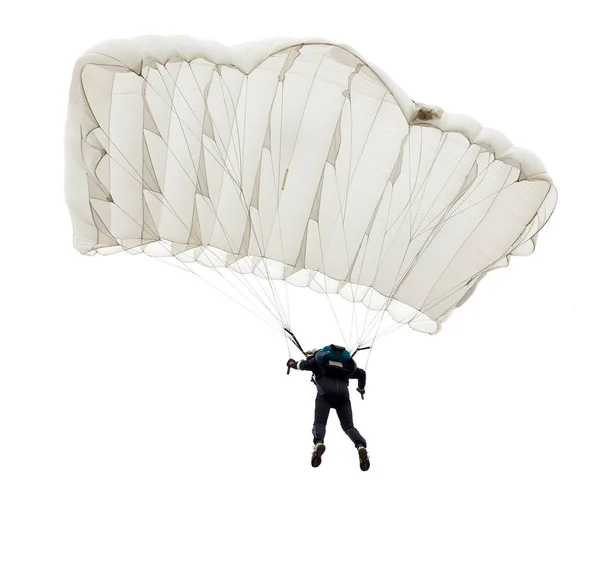 Jump of paratrooper with white parachute — Stock Photo, Image