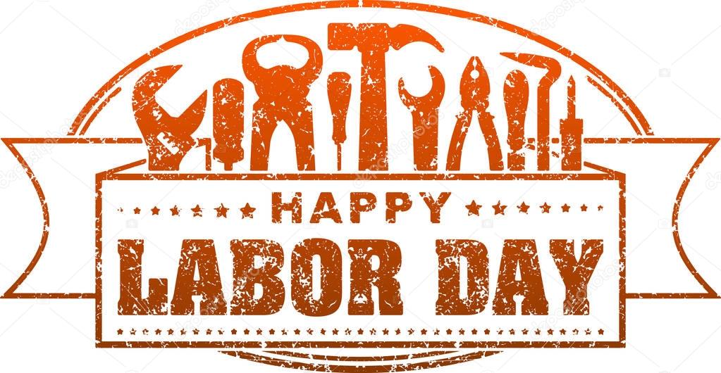 Happy Labor Day red grunge style rubber stamp with silhouettes of tools, vector illustration