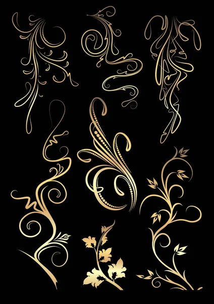 Set Golden Floral Elementen Zwart — Stockvector