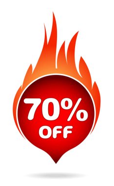 70 percent off red blazing speech bubble, sticker, label or icon with shadow and flame for your design. clipart