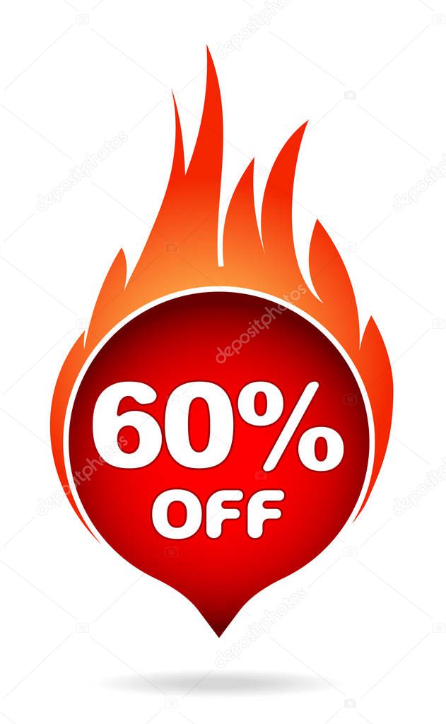 60 percent off red blazing speech bubble, sticker, label or icon with shadow and flame for your design.