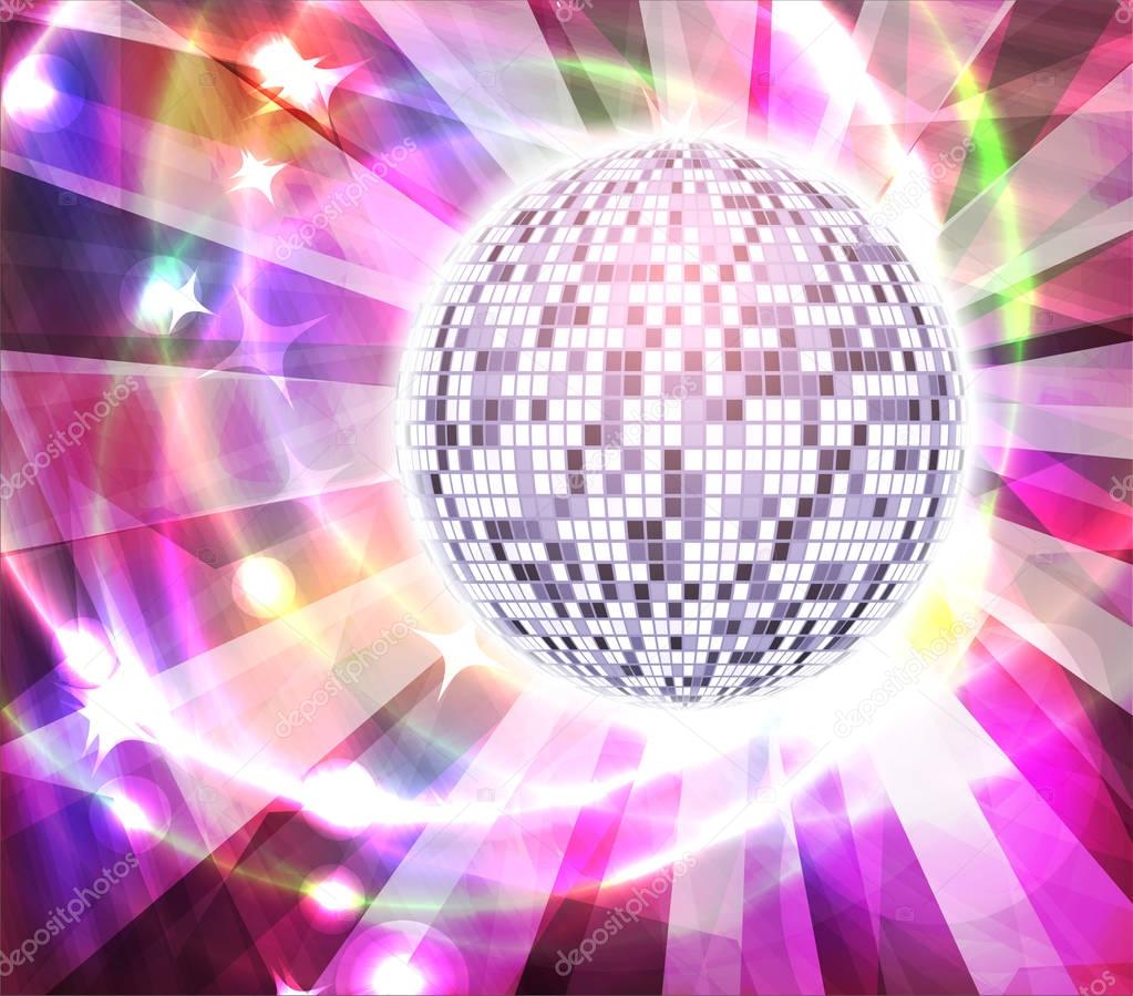 Very bright full color mirror disco ball with rays, vector illustration for your design