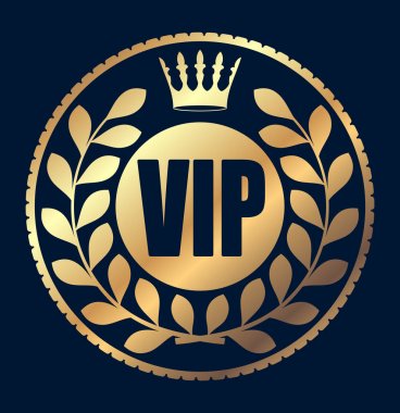 Koyu arka plan üzerinde altın yuvarlak VIP damga stil ikonu ile taç ve çelenk defne yaprakları