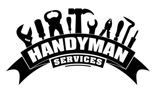 Handyman services design for your logo or emblem with bend banner and set of workers tools in black. There are wrench, screwdriver, hammer, pliers, soldering iron, scrap. Vector illustration