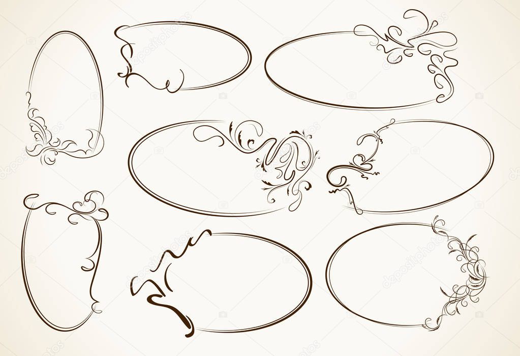 Big set, beautiful collection of oval frames. Vector illustration.