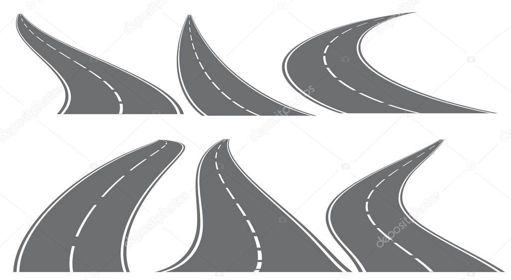 Set of six vector roads wit white marks isolated on transparent background. Vector EPS 10.