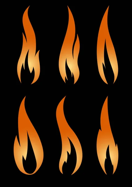 Σύνολο Έξι Ασυνήθιστες Λεπτές Κόκκινες Ρεαλιστικές Φλόγες Φωτιά Μαύρο Φόντο — Διανυσματικό Αρχείο