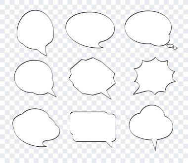 Set of nine hand drawn comic speech bubbles with white fill in pop art style. Empty clouds with space for text. 