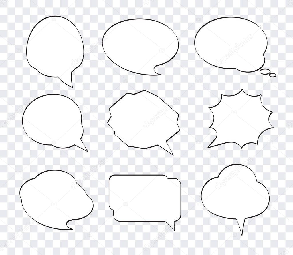 Set of nine hand drawn comic speech bubbles with white fill in pop art style. Empty clouds with space for text. 