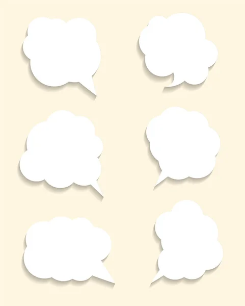 黄色の背景に影を持つ6つの白いスピーチの泡のセット — ストックベクタ