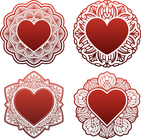 Set Circle Lace Ornaments Ornamental Geometric Doily Pattern Heart Shaped — Stock Vector