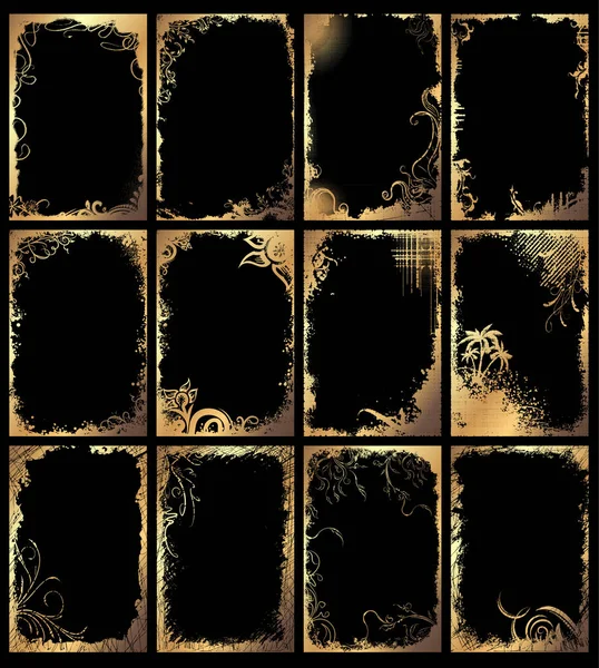 Set Golden Grunge Floral Frames Black Background — Stock Vector