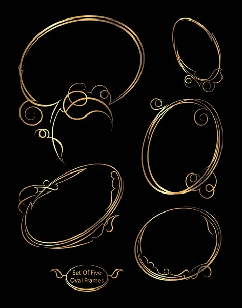 Set Five Rich Decorated Elegant Gold Oval Frames Black Background — Stock Vector