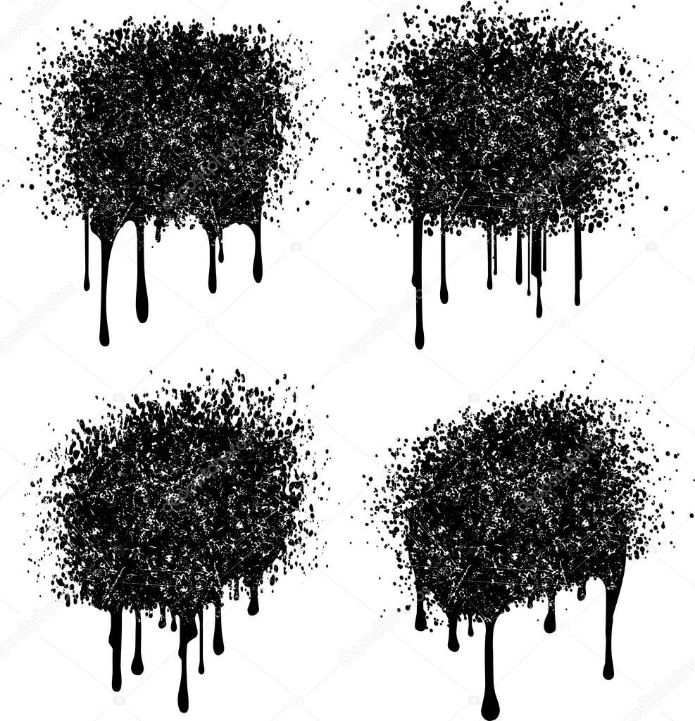 Set of 4 grunge, shabby and cracked black grunge decors with paint drips and spray blobs. Vector illustration for your design.