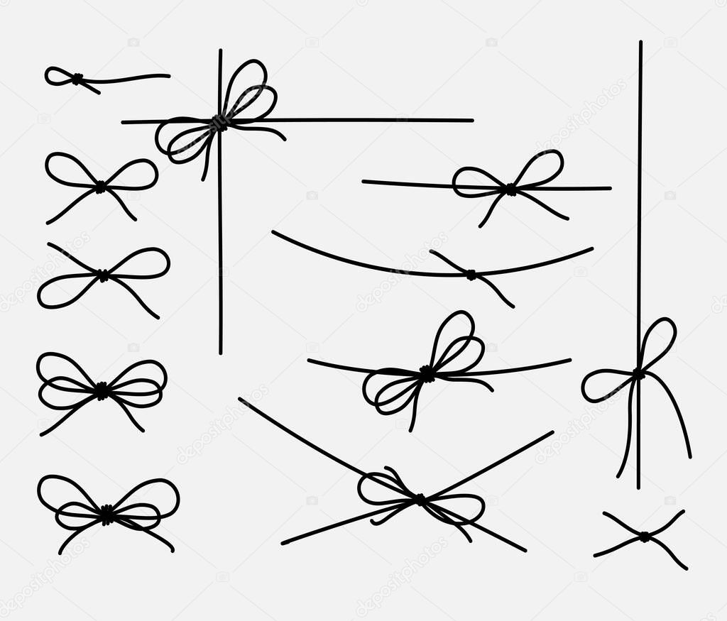 Set of rope knots, marine knots, bows, vector illustration.