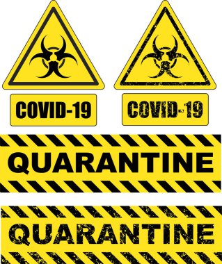 Biyolojik tehlike belirtisi. Covid-19. Karantinaya alın. Pandemik Roman Coronavirus salgını covid-19 2019-nCoV karantina işaretleri..