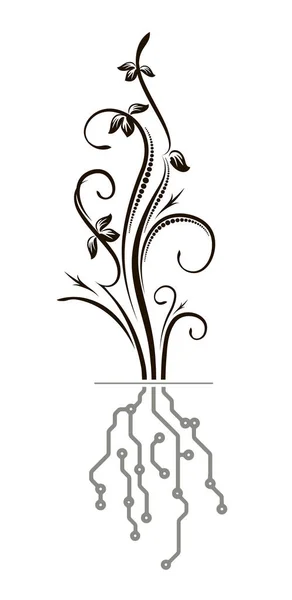 花の枝とPcbレイアウトスタイルのルートを持つ概念的なデザイン ハイテクベクトル図 — ストックベクタ