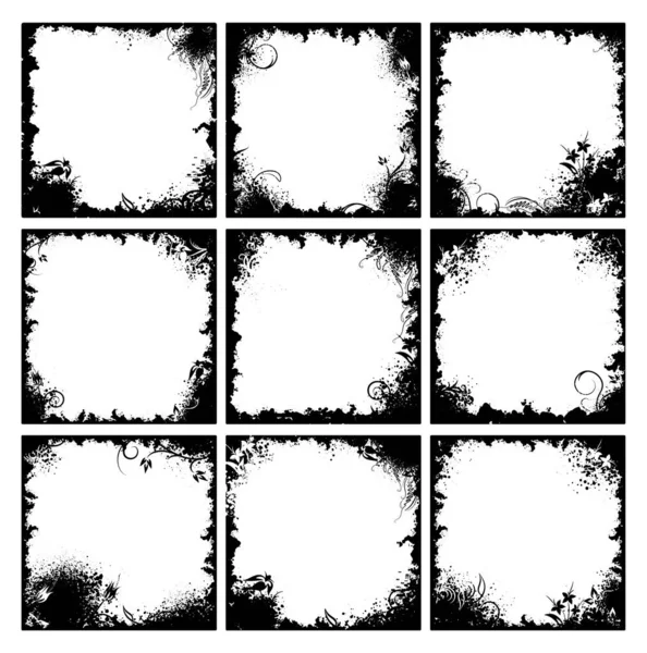 Set Nine Black Floral Frames Grunge Style — Stock Vector