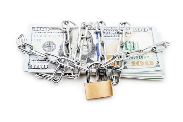 Chain link with padlock on dollar currency money — Stock Photo, Image