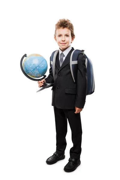 Pupil in business suit holding Earth globe and school backpack — Stock Photo, Image