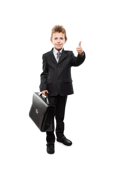 Empresário criança menino segurando pasta gesto polegar para cima sinal de sucesso — Fotografia de Stock