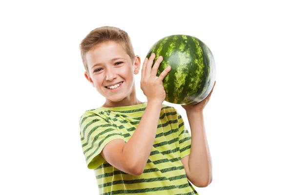 Stilig leende barn pojke holding grön vattenmelon frukt — Stockfoto