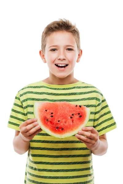 Stilig leende barn pojke håller röd vattenmelon frukt skiva — Stockfoto