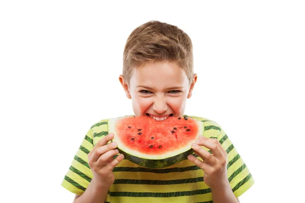 Stilig leende barn pojke håller röd vattenmelon frukt skiva — Stockfoto