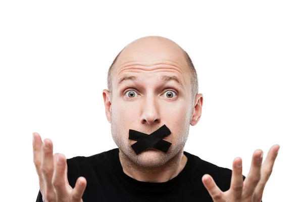 Scared adult man adhesive tape closed mouth — Stock Photo, Image