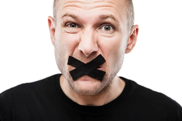 Scared adult man adhesive tape closed mouth — Stock Photo, Image