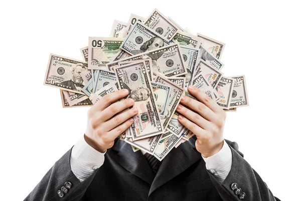 Affärsman i svart kostym handen håller oss dollar valuta pengar — Stockfoto