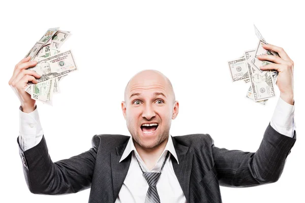 Affärsman i svart kostym handen håller oss dollar valuta pengar — Stockfoto