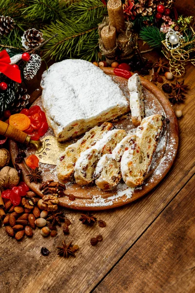 Traditional German cake with raisins Dresdner stollen — Stock Photo, Image