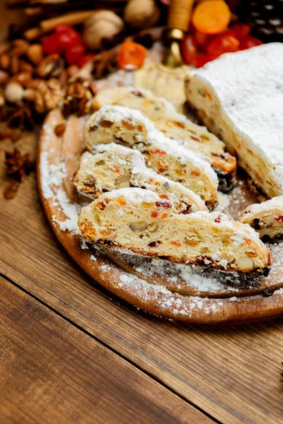 Traditional German cake with raisins Dresdner stollen — Stock Photo, Image