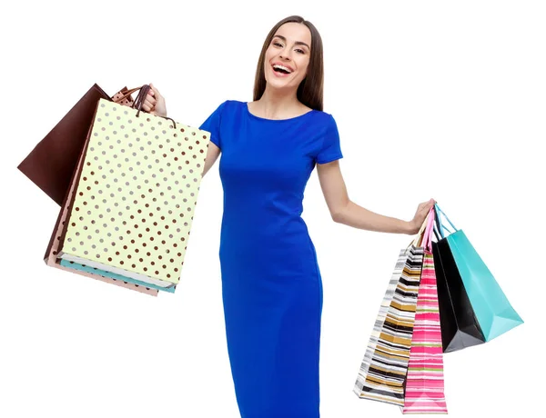 Retrato de la joven feliz mujer sonriente con bolsas de compras — Foto de Stock