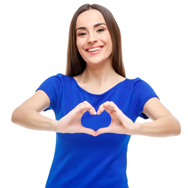 Güzel kadın kalp işareti eller tarafından gösterilen — Stok fotoğraf