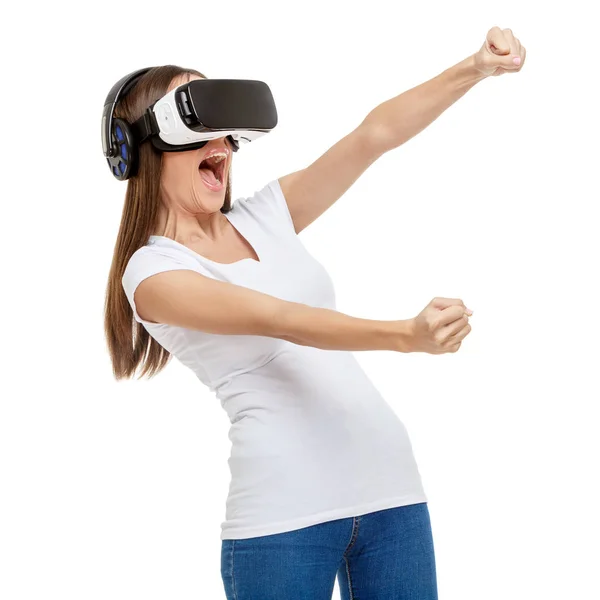 Donna con occhiali di realtà virtuale — Foto Stock