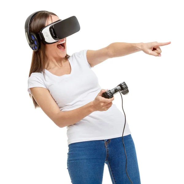 Kobieta z goglami wirtualnej rzeczywistości — Zdjęcie stockowe