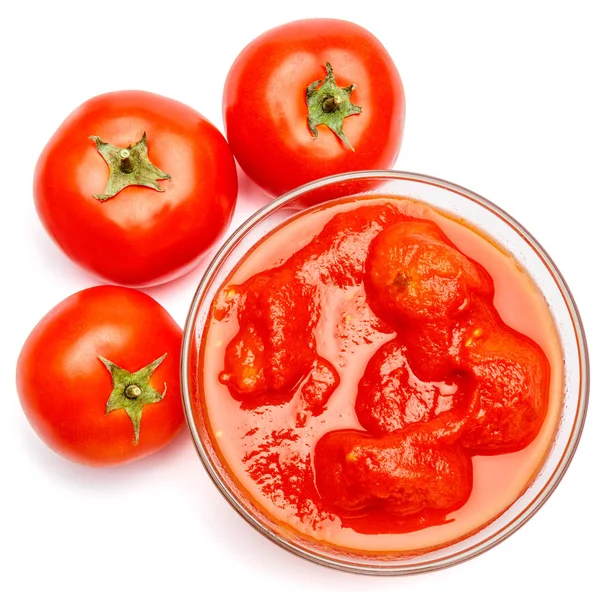 Small glass condiment bowl of red tomato sauce ketchup of peree — Stock Photo, Image
