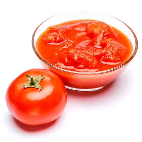 Small glass condiment bowl of red tomato sauce ketchup of peree — Stock Photo, Image