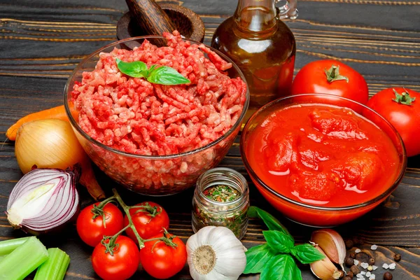 Bolognese sauce ingridients on wooden table — Stock Photo, Image