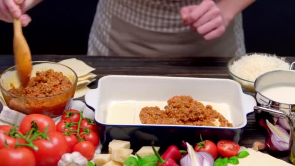 Beredning av hemmagjord lasagne — Stockvideo