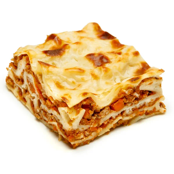 Del av välsmakande lasagne isolerad på vit — Stockfoto