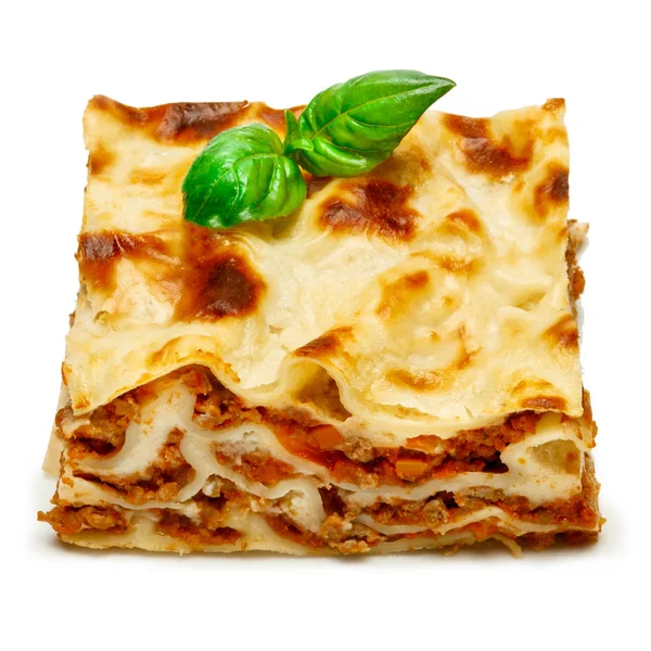 Ízletes lasagna elszigetelt fehér része — Stock Fotó