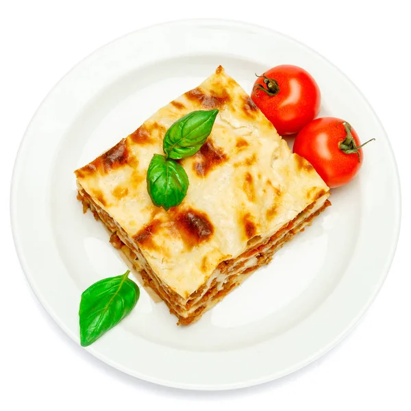 Portion of tasty lasagna isolated on white — Stock Photo, Image